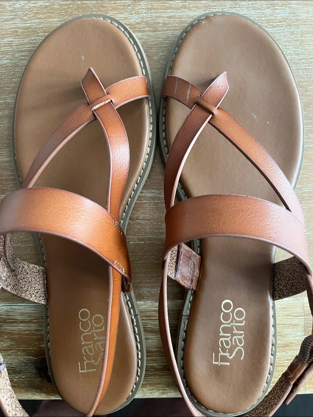 Franco Sarto Cognac Leather Crossover Strap Sandals